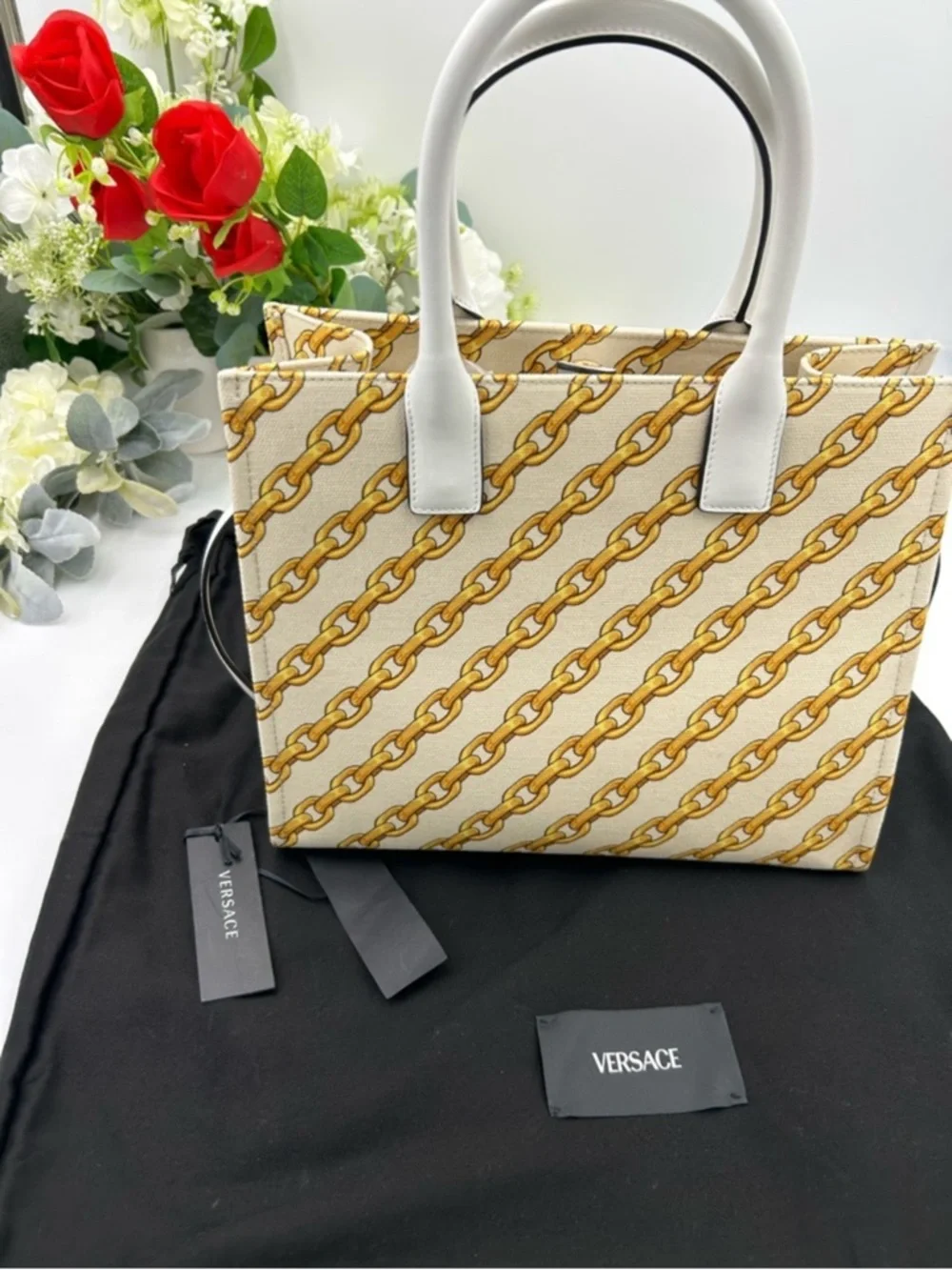 Women’s Versace chain stripe la Medusa tote bag with shoulder strap made Italy